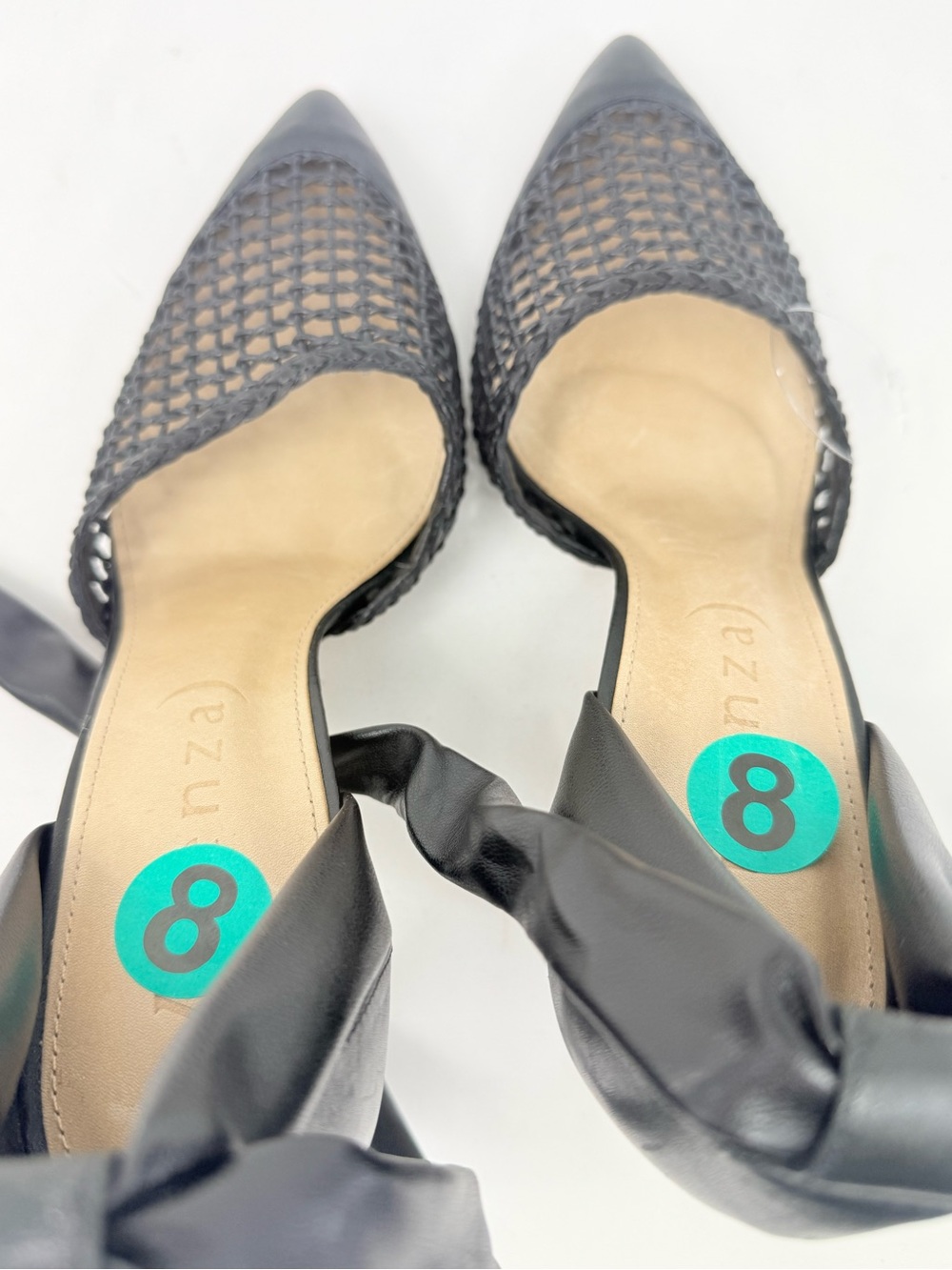 Vicenza Anthropologie Black Leather Woven Pointed Toe Wrap Ankle Strap Pump Heel - Picture 13 of 16